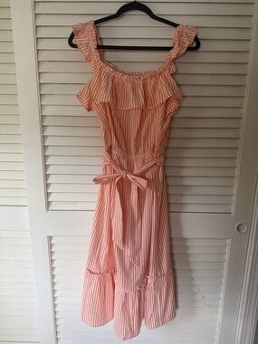 Michael Kors Peach-White Striped Ruffle Midi Dress
